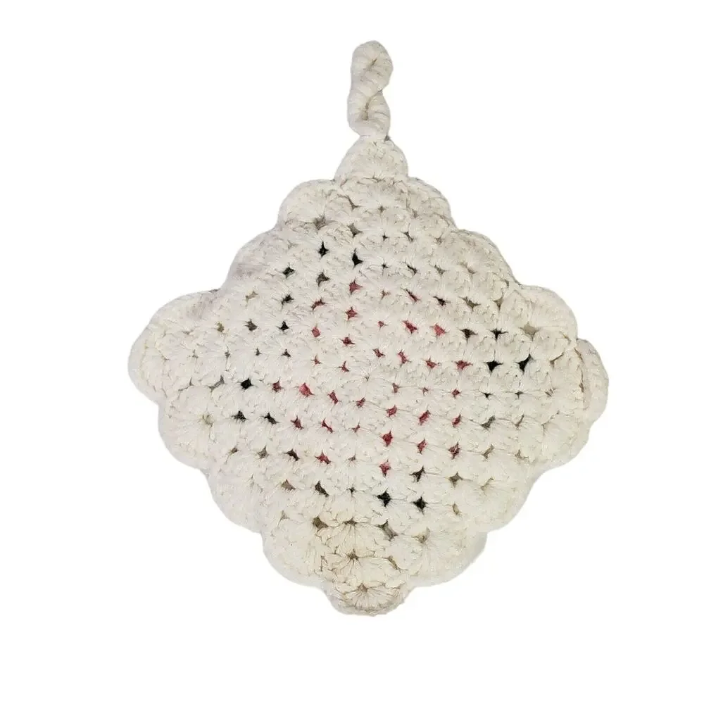 VTG Handmade Crochet 3D Pink Flower Pot holder Trivet Hot Pad Kitchen Decor